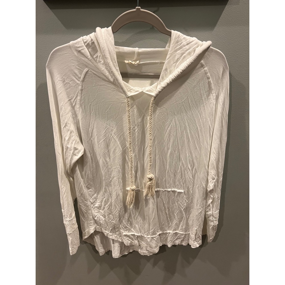 POL Hoodie Rope Drawstring White Pullover Top Whimsical Sleeve  Women's Size: S